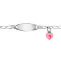 Gourmettes sur Artemare : Gourmette pour b&eacute;b&eacute; en argent maille cheval avec plaque ovale et pampille coeur rose - largeur 2mm et longueur 13cm + 2cm de rallonge