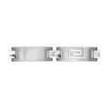 Bracelets sur Artemare : Bracelet en acier satin&eacute; longs maillons altern&eacute;s lisses et orn&eacute;s de m&eacute;andres grecs - longueur 19cm ajustable