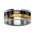 Bagues sur Artemare : Bague anti-stress en acier 3 couleurs avec motifs chiffres romains et bandeaux tournants jaune et noir