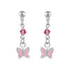 Boucles d'oreilles pour enfant en argent cha&icirc;nette avec oxyde rose et pampille papillon rose avec fermoir poussette