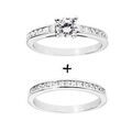 Bague double en argent rhodi&eacute; : 1 anneau rail d'oxydes et 1 anneau rail d'oxydes et solitaire blanc