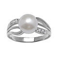 Bagues sur Artemare : Bague en argent rhodi&eacute; perle blanche synth&eacute;tique au centre et brins lisses et orn&eacute;s d'oxydes blancs sur les c&ocirc;t&eacute;s