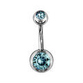 Piercing de nombril en acier et avec oxydes bleu ciel sur les boules