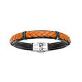 Bracelets sur Artemare : Bracelet en cuir noir avec tresse en cuir orange et &eacute;l&eacute;ments en acier - longueur 20cm r&eacute;glable