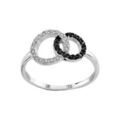 Bagues sur Artemare : Bague en argent rhodi&eacute; 2 cercles entrelac&eacute;s : 1 orn&eacute; d'oxydes blancs et 1 orn&eacute; d'oxydes noirs
