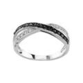 Bague en argent rhodi&eacute; demi-rail d'oxydes blancs et demi-rail d'oxydes noirs crois&eacute;s Artemare