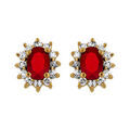 Boucles d'oreille sur Artemare : Boucles d'oreilles en plaqu&eacute; or collection joaillerie oxyde rouge au centre et petits oxydes blancs autour et fermoir poussette