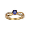 Bague en plaqu&eacute; or collection joaillerie 2 brins crois&eacute;s dont 1 lisse et l'autre orn&eacute; d'oxydes blancs et gros oxyde bleu au centre