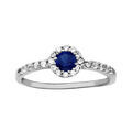 Bagues sur Artemare : Bague en argent rhodi&eacute; collection joaillerie avec oxyde bleu central et contour et demi anneau orn&eacute;s d'oxydes blancs