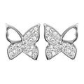 Boucles d'oreilles en argent rhodi&eacute; papillon avec ailes pav&eacute;es d'oxydes blancs sertis et fermoir poussette