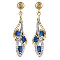 Boucles d'oreille sur Artemare : Boucles d'oreilles pendantes en plaqu&eacute; or collection joaillerie grappe avec 3 navettes d'oxydes bleus et rails d'oxydes blancs et fermoir poussette