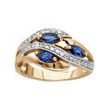 Bague en plaqu&eacute; or collection joaillerie 3 navettes en oxydes bleus et rails d'oxydes blancs sertis Artemare