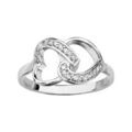 Bagues sur Artemare : Bague en argent rhodi&eacute; 2 coeurs couch&eacute;s entrem&ecirc;l&eacute;s et avec un c&ocirc;t&eacute; en oxydes blancs sertis