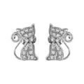 Boucles d'oreilles en argent rhodi&eacute; chat orn&eacute; d'oxydes blancs sertis avec noeud papillon et fermoir poussette