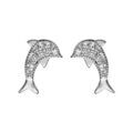 Boucles d'oreilles en argent rhodi&eacute; dauphin orn&eacute; d'oxydes blancs sertis et fermoir poussette