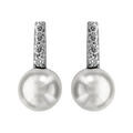 Boucles d'oreilles en argent rhodi&eacute; barrette d'oxydes blancs avec perle blanche au bout et fermoir poussette