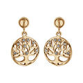 Boucles d'oreilles pendantes en plaqu&eacute; or cercle suspendu avec arbre de vie d&eacute;coup&eacute; orn&eacute; d'oxydes blancs et fermoir poussette