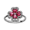 Bagues sur Artemare : Bague en argent rhodi&eacute; collection joaillerie tr&egrave;fle &agrave; 4 feuilles en oxydes rouges et contours en oxydes blancs sertis
