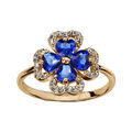 Bagues sur Artemare : Bague en plaqu&eacute; or collection joaillerie tr&egrave;fle &agrave; 4 feuilles en oxydes bleus et contours en oxydes blancs sertis