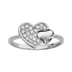 Bague en argent rhodi&eacute; 2 coeurs dont 1 pav&eacute; d'oxydes blancs et l'autre lisse