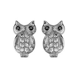 Boucles d'oreilles en argent rhodi&eacute; chouette orn&eacute;e d'oxydes blancs sertis et oxydes noirs et fermoir poussette