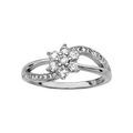 Bagues sur Artemare : Bague en argent rhodi&eacute; brins crois&eacute;s dont 1 rail d'oxydes blancs avec fleur en oxydes blancs au centre