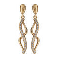 Boucles d'oreilles pendantes en plaqu&eacute; or 2 vagues suspendues et reli&eacute;es, 1 en rail d'oxydes blancs sertis et l'autre lisse et fermoir poussette