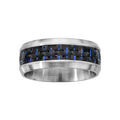 Bague en acier satin&eacute; avec bande quadrill&eacute;e noir au milieu et fils bleus Artemare