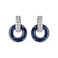 Boucles d'oreilles en argent rhodi&eacute; 1 anneau en c&eacute;ramique bleu marine suspendue &agrave; 1 anneau orn&eacute; d'oxydes blancs sertis et fermoir poussette