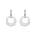 Boucles d'oreilles en argent rhodi&eacute; cercle c&eacute;ramique blanche et oxydes blancs fermoir poussette