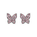 Boucles d'oreilles en argent rhodi&eacute; papillon pav&eacute; de pierres roses serties et fermoir poussette Artemare