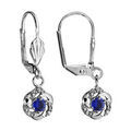 Boucles d'oreilles en argent rhodi&eacute; fleur suspendue avec oxyde bleu fonc&eacute; et fermoir dormeuse Artemare