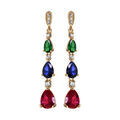 Boucles d'oreilles pendantes en plaqu&eacute; or 3 pierres multicolores en cascade avec oxydes blancs et fermoir poussette Artemare