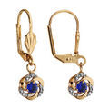 Boucles d'oreilles pendantes en plaqu&eacute; or fleur suspendue avec c?ur bleu fonc&eacute; et fermoir dormeuse Artemare