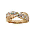 Bague en plaqu&eacute; or ruban crois&eacute; 3 rails oxydes blancs sertis et ruban lisse