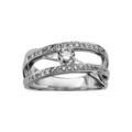 Bagues sur Artemare : Bague en argent rhodi&eacute; avec 2 rails d'oxydes blancs et 1 oxyde blanc central sur brin diagonal