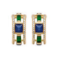 Boucles d'oreilles en plaqu&eacute; or oxydes multicouleurs demi-cr&eacute;oles verte et bleue contour oxydes blancs et fermoir poussette Artemare