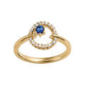 Bague en plaqu&eacute; or collection joaillerie ronde 1 verre bleu fonc&eacute; contour oxydes blancs sertis