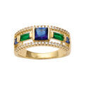 Bague en plaqu&eacute; or anneau avec pierre verre bleue et verte avec petits oxydes blancs
