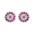 Boucles d'oreille en argent rhodi&eacute; collection joaillerie pastille empierr&eacute;e rose et blanc et fermoir poussette
