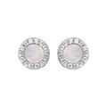 Boucles d'oreille en argent rhodi&eacute; et nacre blanche ronde avec contour oxydes blancs sertis et fermoir poussette