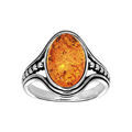 Bagues sur Artemare : Bague en argent rhodi&eacute; en ambre v&eacute;ritable avec rail petites boules de chaque c&ocirc;t&eacute;
