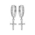 Cr&eacute;oles en argent rhodi&eacute; avec pampille Croix et oxydes blancs