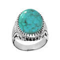 Bague en Argent rhodi&eacute; anneau cisel&eacute; orn&eacute; d'une Turquoise de synth&egrave;se
