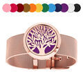 Bracelets sur Artemare : Bracelet maille milanaise PVD rose diffuseur de parfum m&eacute;daillon arbre de vie - 21cm r&eacute;glable