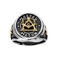 Bague en acier ronde motif franc - ma&Ccedil;on PVD dor&eacute; et r&eacute;sine noire