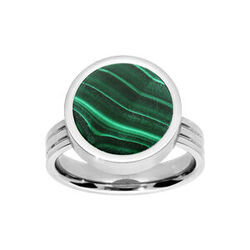 Bague en acier ronde avec Malachite v&eacute;ritable d&eacute;vissable avec possibilit&eacute; de graver l'int&eacute;rieur
