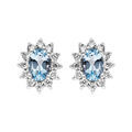 Boucles d'oreille en argent rhodi&eacute; massif collection joaillerie Topaze bleue ovale avec oxydes blancs et fermoir poussette