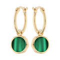 Cr&eacute;oles en plaqu&eacute; or anneau 15mm suspendu avec pampille pierre Malachite v&eacute;ritable