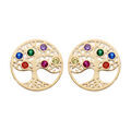 Boucles d'oreille sur Artemare : Boucles d'oreille en plaqu&eacute; or ronde avec arbre de vie empierr&eacute; multicolore et fermoir poussette
